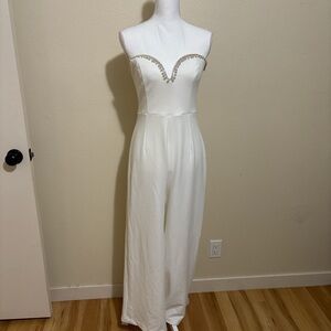 Lulu's White Strapless Jumpsuit with Embellishments